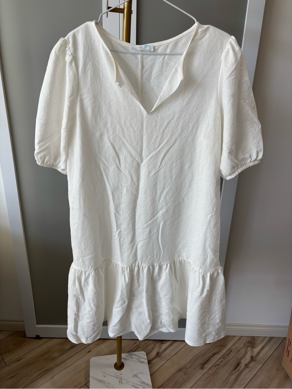 Cream Ruffle Hem Puff Sleeve Cotton Dress